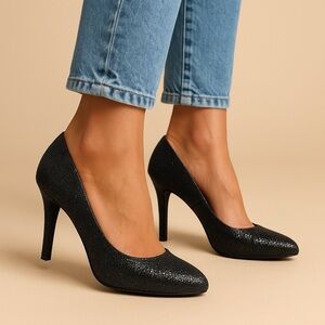 GLO Jeans Black Sparkly High Heels | Pointed Toe | 4” Stiletto | Party Pumps